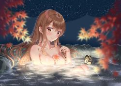 Rule 34 | 1girl, absurdres, autumn leaves, bathing, blurry, blurry foreground, blush, breasts, brown eyes, brown hair, bug, butterfly, cleavage, closed mouth, collarbone, highres, insect, ken-san, leaf, long hair, maple leaf, medium breasts, nude, onsen, original, partially submerged, sitting, smile, solo, sparkle, very long hair