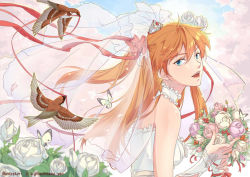 Rule 34 | 1girl, bouquet, bridal veil, bug, butterfly, flower, insect, m74, neon genesis evangelion, solo, souryuu asuka langley, tagme, veil