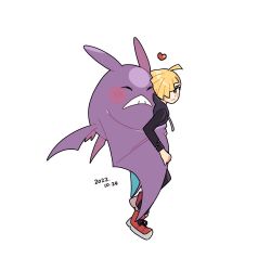 Rule 34 | 1boy, affectionate, ahoge, black shirt, blonde hair, blush, closed mouth, commentary request, creatures (company), crobat, daifuku (pokefuka art), dated, game freak, gen 2 pokemon, gladion (pokemon), green eyes, hair over one eye, heart, hug, hug from behind, male focus, nintendo, pokemon, pokemon (creature), pokemon sm, red footwear, shirt, shoes, short hair, simple background, smile, tassel, torn clothes, torn shirt, white background