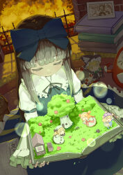 Rule 34 | 1girl, absurdres, blue bow, blue dress, blunt bangs, blush, book, book stack, bow, brown hair, character doll, closed eyes, closed mouth, clownpiece, collared shirt, commentary, daruma doll, dated, dress, facing viewer, fire, fireplace, frilled dress, frilled shirt collar, frills, fumo (doll), hair bow, hakurei reimu, highres, holding, holding book, kirisame marisa, long hair, long sleeves, luna child, open book, photo (object), shirt, sidelocks, smile, solo, star sapphire, sunny milk, touhou, tree, very long hair, white shirt, wide sleeves, yazato ichimushi