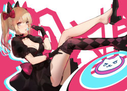 Rule 34 | 1girl, absurdres, animal ears, argyle, argyle clothes, argyle legwear, ass, black cat d.va, black dress, black footwear, black gloves, black thighhighs, blonde hair, bow, breasts, brown thighhighs, candy, cat ears, choker, cleavage, collarbone, corset, d.va (overwatch), dress, earrings, facial mark, feet, food, gloves, grey eyes, hair bow, heart, heart earrings, high heels, highres, jewelry, kincora, legs, legs up, licking, lolita fashion, lollipop, long hair, looking at viewer, medium breasts, official alternate costume, overwatch, overwatch 1, pink bow, puffy short sleeves, puffy sleeves, shoe dangle, short sleeves, solo, thighhighs, thighhighs pull, tongue, tongue out, twintails, two-tone legwear, whisker markings