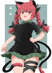 Rule 34 | 1girl, :3, :d, animal ears, black bow, black dress, black ribbon, black tail, blue background, border, bow, braid, breasts, cat ears, cat tail, chups, cowboy shot, dress, fang, from below, grey background, hair bow, hand on own hip, highres, kaenbyou rin, large breasts, leg ribbon, long hair, looking at viewer, multiple tails, nail polish, nekomata, open mouth, red eyes, red hair, red nails, ribbon, side braids, simple background, smile, solo, standing, tail, touhou, twin braids, two tails, white border
