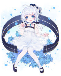 Rule 34 | 1girl, ahoge, azur lane, black footwear, blue flower, blue rose, collarbone, commentary request, dress, flower, full body, gem, hair flower, hair ornament, hair over shoulder, hand up, highres, illustrious (azur lane), knees together feet apart, little illustrious (azur lane), long hair, long sleeves, low twintails, pantyhose, petals, puffy long sleeves, puffy sleeves, rose, see-through, see-through sleeves, shichijou natori, shoes, silver hair, sleeves past wrists, solo, tilted headwear, twintails, white dress, white flower, white headwear, white pantyhose