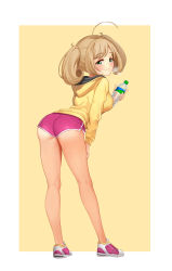 Rule 34 | 1girl, absurdres, ahoge, ass, bare legs, blush, border, bottle, breasts, brown hair, closed mouth, dolphin shorts, dopamine70, from behind, full body, green eyes, highres, holding, holding bottle, hood, hood down, hoodie, idolmaster, idolmaster cinderella girls, kneepits, large breasts, leaning forward, long hair, long sleeves, looking at viewer, looking back, micro shorts, outside border, pink footwear, pink shorts, sato shin, shoes, shorts, simple background, smile, solo, standing, sweat, twintails, water bottle, white border, yellow background, yellow hoodie