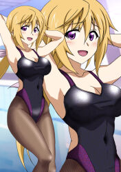 Rule 34 | 1girl, arms behind head, black one-piece swimsuit, black pantyhose, blonde hair, breasts, charlotte dunois, competition swimsuit, covered navel, feet out of frame, highleg, highleg swimsuit, infinite stratos, kuroda ariake, large breasts, long hair, low ponytail, medium breasts, multiple views, one-piece swimsuit, pantyhose, pantyhose under swimsuit, purple eyes, standing, swimsuit, zoom layer