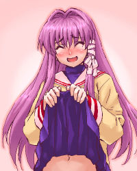 Rule 34 | 00s, 1girl, :d, ^ ^, blush, clannad, closed eyes, clothes lift, dress, dress lift, closed eyes, fujibayashi kyou, hair intakes, long hair, lowres, navel, no panties, oekaki, open mouth, out-of-frame censoring, purple hair, skirt, skirt lift, smile, solo, zen
