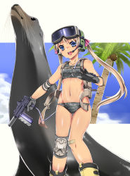 Rule 34 | 1girl, :d, animal, ankle boots, backpack, bag, bandaid, bandaid on knee, bandaid on leg, bare shoulders, bikini, black gloves, blonde hair, blue eyes, blue sky, blush, boots, border, buckle, camouflage, cloud, cowboy shot, day, digital camouflage, elbow pads, gloves, gluteal fold, goggles, goggles on head, grey bikini, gun, headset, highres, holding, holding gun, holding weapon, knee pads, long hair, looking at viewer, low twintails, navel, open mouth, original, palm tree, plant, round teeth, seal (animal), shiny skin, sky, smile, solo, standing, stomach, swimsuit, tankini, teeth, thigh gap, tiha, tree, trigger discipline, twintails, very long hair, weapon, whiskers, white border, yellow footwear