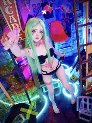 Rule 34 | 1girl, barefoot, black bra, black hairband, black panties, bra, breasts, colored sclera, colored skin, cosplay, cyberpunk (series), cyberpunk edgerunners, green eyes, green hair, gun, hairband, handgun, highleg, highleg panties, highres, holding, holding weapon, leg tattoo, lips, lipstick, long hair, looking at viewer, makeup, micro shorts, navel, neck tattoo, panties, photo (medium), rebecca (cyberpunk), rebecca (cyberpunk) (cosplay), red sclera, seeu cosplay, shorts, simple background, smile, solo, spread legs, standing, tattoo, underwear, weapon, wide hips