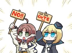 Rule 34 | 2girls, ahoge, arknights, arm up, black coat, black headwear, blonde hair, blue eyes, closed mouth, coat, dog-san, durin (arknights), dwarf, emphasis lines, english text, green eyes, hat, holding, holding sign, jacket, long hair, multiple girls, myrtle (arknights), no, open clothes, open coat, open jacket, open mouth, placard, red hair, short hair, sign, sleeves past fingers, sleeves past wrists, tank top, upper body, white jacket, white tank top