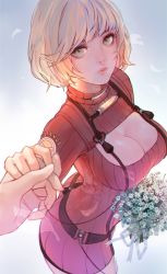Rule 34 | 10s, 1boy, 1girl, artist name, blade &amp; soul, blonde hair, bob cut, breasts, cleavage, cleavage cutout, closed mouth, clothing cutout, commentary, cowboy shot, expressionless, eyelashes, falling leaves, fingernails, flower, flower request, fuwaffy, green eyes, grey background, hetero, highres, holding, holding flower, holding hands, jin (blade &amp; soul), large breasts, leaf, lips, looking at viewer, out of frame, pink lips, pov, red sweater, ribbed sweater, ribbon, shiny skin, short hair, solo focus, standing, sweater, tassel, turtleneck, turtleneck sweater, white flower, white ribbon
