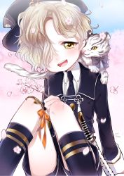 Rule 34 | 10s, 1boy, animal, animal on shoulder, blonde hair, bow, cherry blossoms, choco (moyasi), gokotai, gokotai&#039;s tigers, hair over one eye, hat, heart, heart-shaped pupils, highres, looking at viewer, male focus, military, military uniform, necktie, open mouth, petals, sheath, sheathed, short sword, shorts, sitting, smile, sword, symbol-shaped pupils, tantou, tiger, tiger cub, touken ranbu, uniform, weapon, white tiger, yellow eyes