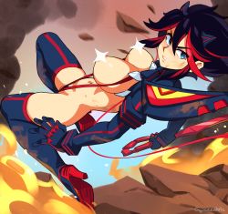 Rule 34 | 1girl, alternate breast size, artist name, black hair, black pubic hair, blue eyes, boots, breasts, censored, censored nipples, commentary, dirty, dirty clothes, dirty face, english commentary, female pubic hair, gloves, hair between eyes, high heel boots, high heels, kill la kill, large breasts, long sleeves, looking at viewer, matoi ryuuko, multicolored hair, navel, pubic hair, pubic hair peek, red hair, revealing clothes, scissor blade (kill la kill), senketsu, short hair, solo, squeezable (squeezabledraws), streaked hair, thigh boots, two-tone hair, v-shaped eyebrows