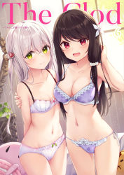 Rule 34 | 2girls, :d, absurdres, arm grab, bare arms, bare shoulders, black hair, blush, bra, breasts, cleavage, closed mouth, collarbone, commentary request, green eyes, hair between eyes, hand up, highres, indoors, long hair, looking at viewer, medium breasts, multiple girls, navel, open mouth, original, panties, purple bra, purple panties, red eyes, side-tie panties, small breasts, smile, tsuchikure, two side up, underwear, underwear only, very long hair, white bra, white hair, white panties, window