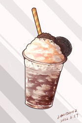 Rule 34 | absurdres, commentary, cup, dated, disposable cup, drink, drinking straw, english commentary, food, food focus, grey background, highres, ice cream, milkshake, no humans, oreo, original, realistic, signature, sparkle, still life, zeroorez