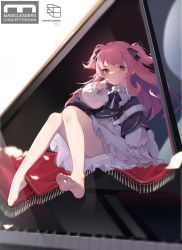 Rule 34 | 1girl, :&lt;, absurdres, azur lane, black ribbon, blush, breasts, buttons, collar, double-breasted, dress, feet, frilled collar, frilled sleeves, frills, green eyes, hair ornament, highres, instrument, legs, long sleeves, medium hair, neck ribbon, piano, pink hair, pompeo magno (azur lane), pompeo magno (quaver daydream) (azur lane), puffy sleeves, ribbon, simple background, sitting, small breasts, solo, thighs, thinking, twintails, white background, white dress, yesheeng de ling che zi