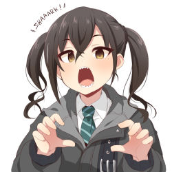 Rule 34 | 1girl, bad id, bad pixiv id, black hair, blush, brown eyes, collared shirt, diagonal-striped clothes, diagonal-striped necktie, diagonal-striped neckwear, english text, green necktie, grey jacket, hair between eyes, idolmaster, idolmaster cinderella girls, jacket, long hair, long sleeves, looking at viewer, mole, mole under eye, necktie, open mouth, sharp teeth, shirt, simple background, solo, striped clothes, striped necktie, striped neckwear, sunazuka akira, teeth, twintails, uccow, upper body, white background, white shirt