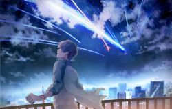Rule 34 | 10s, 1boy, bracelet, brown hair, building, city, cloud, from behind, highres, jacket, jewelry, kimi no na wa., looking afar, looking up, male focus, meteor, mikkun 04, night, night sky, open clothes, open jacket, outdoors, parted lips, railing, scenery, shooting star, short hair, sky, skyline, solo, tachibana taki, tokyo tower, upper body, wristband