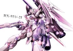 Rule 34 | absurdres, artist request, beam rifle, character name, commentary request, energy gun, glowing, glowing eye, gundam, gundam build fighters amazing, hi-nu gundam influx, highres, mecha, no humans, robot, simple background, weapon, white background