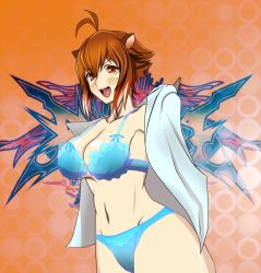 Rule 34 | 1girl, antenna hair, blazblue, blue bra, blue panties, blush, bra, breasts, brown eyes, brown hair, chan momi, cleavage, curvy, female focus, large breasts, lingerie, makoto nanaya, no arms, no tail, open clothes, open mouth, open shirt, panties, shirt, short hair, solo, thick thighs, thighs, underwear, underwear only, undressing