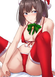 Rule 34 | 1girl, absurdres, akizuki (kancolle), bell, bikini, black hair, blue eyes, blush, bow, bowtie, breasts, christmas, closed mouth, collarbone, green bow, green bowtie, hat, highres, kantai collection, kiritto, long hair, medium breasts, navel, partially visible vulva, ponytail, red bikini, red hat, red thighhighs, santa bikini, santa hat, simple background, sitting, solo, spread legs, sweat, swimsuit, thighhighs, white background