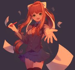 Rule 34 | 1girl, :d, black thighhighs, blue skirt, bow, doki doki literature club, green eyes, hair bow, kuzudon, long hair, looking at viewer, monika (doki doki literature club), open mouth, outstretched hand, papers, pen, red ribbon, ribbon, school uniform, skirt, smile, solo, standing, thighhighs