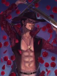 Rule 34 | 1boy, abs, arm up, beard, belt, black hair, black hat, black shirt, chromatic aberration, closed mouth, collarbone, cowboy hat, cross, cross necklace, dracule mihawk, facial hair, flower, forked eyebrows, gradient background, half-closed eyes, hand up, hat, holding, holding sword, holding weapon, jewelry, latin cross, long sleeves, looking at viewer, male focus, mustache, navel, necklace, one piece, open clothes, open shirt, pants, pectorals, petals, purple background, raglan sleeves, red flower, red rose, red sleeves, ringed eyes, rose, sasamiman, shirt, short hair, solo, standing, stomach, sword, upper body, v-shaped eyebrows, weapon, white pants, yellow eyes, yoru (sword)