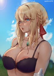 Rule 34 | 1girl, artist name, beta hime, black bra, blonde hair, blue eyes, blue sky, blurry, blurry background, bra, braid, braided bun, breasts, brooch, commentary, english commentary, hair bun, hair ribbon, jewelry, large breasts, lips, looking at viewer, mechanical arms, necklace, outdoors, parted lips, red ribbon, ribbon, sidelocks, single mechanical arm, sky, solo, sun, underwear, upper body, violet evergarden, violet evergarden (series)