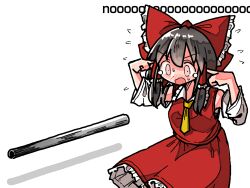 Rule 34 | 1girl, black hair, blush, bow, detached sleeves, dot nose, flying sweatdrops, frilled bow, frilled hair tubes, frills, hair bow, hair tubes, hakurei reimu, industrial pipe, kasuya baian, lead pipe, open mouth, red bow, red eyes, red skirt, ribbon trim, skirt, solo, touhou