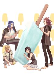 Rule 34 | 1girl, 3boys, axel (kingdom hearts), bare arms, bare shoulders, barefoot, black hair, black jacket, black pants, black shirt, black vest, blonde hair, blue eyes, blue hair, closed eyes, crossed legs, cup, eating, food, frilled sleeves, frills, full body, hair slicked back, highres, holding, holding cup, holding food, holding ice cream, holding spoon, ice cream, jacket, jacket on shoulders, kingdom hearts, kingdom hearts iii, kneeling, long hair, mukashino, multiple boys, pants, parted lips, pleated skirt, red hair, roxas, saix, scar, scar on face, scar on forehead, shirt, short hair, short sleeves, sideburns, sidelocks, sitting, skirt, spiked hair, spoon, squatting, standing, tongue, tongue out, vest, white jacket, white skirt, wristband, xion (kingdom hearts)