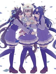 Rule 34 | 3girls, animal ears, black hair, blue eyes, blue headwear, blush, bouquet, bow, breasts, bright pupils, brown footwear, brown hair, cheval grand (umamusume), commentary request, confetti, ear piercing, earrings, ears through headwear, flower, full body, hair ornament, hat, highres, holding, holding bouquet, horse ears, horse girl, jewelry, limited palette, long hair, long sleeves, looking at viewer, medium breasts, multicolored hair, multiple girls, open mouth, piercing, pleated skirt, puffy sleeves, purple bow, purple eyes, purple serafuku, purple shirt, purple skirt, rjsn, sailor collar, sash, school uniform, serafuku, shirt, short sleeves, simple background, single earring, skirt, smile, streaked hair, thighhighs, tracen school uniform, twintails, umamusume, verxina (umamusume), vivlos (umamusume), white background, white bow, white hair, winter uniform
