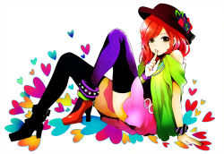 Rule 34 | 1girl, bracelet, finger to mouth, hat, heart, high heels, jewelry, legs up, looking at viewer, nail polish, red hair, shoes, shushing, simple background, sitting, skirt, solo, thighhighs, vocaloid, white background, yokoyari mengo