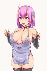 Rule 34 | 1girl, areola slip, breasts, breasts apart, bridal gauntlets, covered erect nipples, demon girl, dress, ear piercing, grey background, hair ornament, highres, horns, kizuki rei, large breasts, oni, original, piercing, pink hair, simple background, solo, thighs, tongue, tongue out, white background
