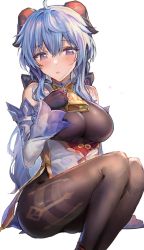 Rule 34 | 1girl, ahoge, bare shoulders, bell, black gloves, black legwear, blue hair, blush, breasts, detached sleeves, ganyu (genshin impact), genshin impact, gloves, gold trim, hand on own chest, highres, horns, inusaka, large breasts, long hair, neck bell, purple eyes, sitting, solo, thighlet, white background, white sleeves
