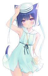 Rule 34 | 1girl, animal ears, aqua dress, aqua ribbon, arm behind back, arm up, armpit crease, armpits, bag, bare arms, bare shoulders, blue hair, blush, breasts, cat ears, cat girl, cat tail, closed mouth, commentary request, cowboy shot, dress, frilled dress, frills, green ribbon, hair ribbon, hand on headwear, handbag, hat, highres, looking at viewer, na-ga, original, purple eyes, ribbon, sailor hat, short hair, simple background, sleeveless, sleeveless dress, small breasts, solo, standing, sundress, tail, tail raised, thighs, white background, white hat, yellow bag