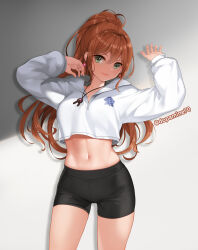 Rule 34 | 1girl, :3, absurdres, bang dream!, bike shorts, black shorts, blush, breasts, brown hair, closed mouth, commentary, cowboy shot, crop top, crop top overhang, crotch seam, dopamine70, drop shadow, earrings, green eyes, grey background, groin, hair between eyes, hair intakes, hands up, highres, imai lisa, jacket, jewelry, long hair, long sleeves, looking at viewer, medium breasts, midriff, navel, necklace, painttool sai (medium), photoshop (medium), ponytail, rabbit earrings, revision, shadow, shorts, sidelocks, simple background, smile, solo, standing, stomach, thighs, toned, twitter username, white jacket, wing collar
