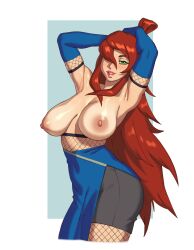 Rule 34 | 1girl, absurdres, arms up, ass, breasts, elbow gloves, fishnets, gloves, green eyes, highres, large breasts, long hair, naruto (series), naruto shippuuden, nipples, red hair, riz, solo, source request, terumi mei, thick thighs, thighs, white background