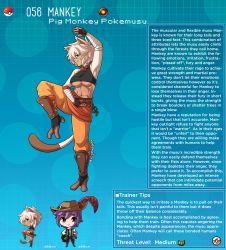 Rule 34 | 1boy, 1girl, animal ears, artist name, beads, belt, breasts, brown eyes, chain, character name, character profile, commentary, creatures (company), english commentary, english text, fangs, furry, game freak, gen 1 pokemon, highres, kinkymation, mankey, medium breasts, monkey girl, monkey tail, nintendo, personification, poke ball, pokemon, prayer beads, purple hair, standing, standing on one leg, tail, toned, white hair