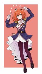 Rule 34 | 100gera, 1girl, absurdres, blush, clenched teeth, commentary request, crown, fate/grand order, fate (series), fujimaru ritsuka (female), full body, gloves, highres, official alternate costume, orange eyes, orange hair, pantyhose, short hair, simple background, smile, solo, teeth, white gloves