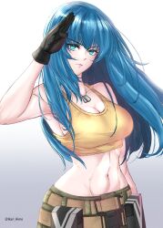 Rule 34 | 1girl, bare shoulders, belt, black gloves, blue eyes, blue hair, breasts, camouflage, camouflage pants, crop top, dog tags, gloves, gradient background, hair down, highres, ikari hime, large breasts, leona heidern, long hair, navel, pants, salute, sleeveless, solo, tank top, the king of fighters, the king of fighters xv, yellow tank top