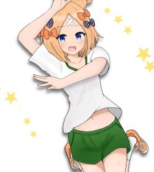 Rule 34 | 1girl, :d, abigail williams (fate), alternate costume, arm up, atsumisu, bad id, bad pixiv id, black bow, blonde hair, blue eyes, blush, bow, collarbone, commentary request, crossed bandaids, fate/grand order, fate (series), green shorts, gym shirt, gym shorts, gym uniform, hair bow, hair bun, highres, looking at viewer, navel, open mouth, orange bow, orange footwear, polka dot, polka dot bow, shirt, shoes, short shorts, short sleeves, shorts, simple background, single hair bun, smile, sneakers, socks, solo, star (symbol), white background, white shirt, white socks