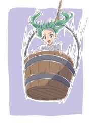 Rule 34 | 1girl, :o, bucket, falling, green eyes, green hair, gyouza (mhea5724), hair bobbles, hair ornament, highres, in bucket, in container, kisume, long hair, open mouth, rope, sketch, solo, touhou, twintails, two side up, wooden bucket