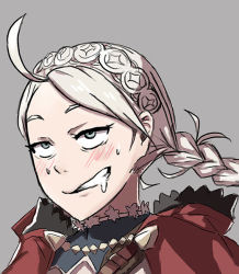 Rule 34 | ahegao, ahoge, blush, braid, buttons, capelet, choker, damagefloor, drooling, fire emblem, fire emblem fates, hairband, hood, hood down, hooded capelet, leather strap, low twintails, nina (fire emblem), nintendo, parted bangs, portrait, red capelet, red hood, smile, solo, sweat, turtleneck, twin braids, twintails, white choker, white hairband