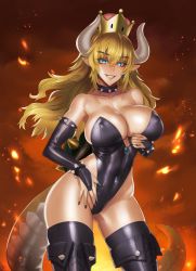 Rule 34 | 1girl, absurdres, adapted costume, alternate costume, alternate hairstyle, aqua eyes, backlighting, bare shoulders, black footwear, black leotard, black nails, black thighhighs, blonde hair, boots, bowsette, bracelet, breasts, bridal gauntlets, cleavage, collar, collarbone, colored eyelashes, commentary request, covered erect nipples, damegane, earrings, embers, fingernails, fire, grin, hair between eyes, hair down, highleg, highleg leotard, highres, hip focus, jewelry, large breasts, leotard, lipstick, long hair, looking at viewer, makeup, mario (series), nail polish, new super mario bros. u deluxe, nintendo, pointy ears, puffy nipples, red lips, red sky, sharp teeth, shiny clothes, shiny skin, sidelocks, sky, slit pupils, smile, solo, spiked bracelet, spiked collar, spiked shell, spikes, strapless, strapless leotard, super crown, teeth, thigh boots, thighhighs, thighs, wind