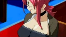 Rule 34 | 00s, 1girl, animated, animated gif, aoi kiriko, between breasts, bouncing breasts, breasts, cellphone, choker, cleavage, cleavage reach, close-up, glasses, huge breasts, long hair, lowres, mature female, phone, ponytail, red hair, screencap, shinkon gattai godannar!!, sitting, solo, subtitled, yellow eyes