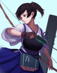Rule 34 | 10s, 1girl, armor, arrow (projectile), bad id, bad pixiv id, bow, breastplate, brown eyes, brown gloves, brown hair, flight deck, gloves, highres, kaga (kancolle), kantai collection, shirt, side ponytail, simple background, skirt, sola7764, solo, wide sleeves