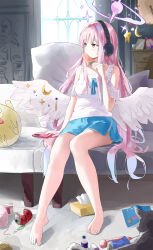 Rule 34 | 1girl, absurdres, angel wings, barefoot, bed, bed sheet, blue archive, blue shorts, blush, bottle, breasts, camisole, can, cellphone, crescent, crescent pin, dolphin shorts, drinking straw, feathered wings, food, halo, headphones, highres, holding, holding food, indoors, jsscj, long hair, medium breasts, mika (blue archive), phone, pink hair, pink halo, popsicle, shorts, sitting, smartphone, solo, tissue, tissue box, toes, white camisole, white wings, wings, yellow eyes