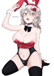 Rule 34 | 1girl, absurdres, alisame, animal ears, bags under eyes, black bow, black thighhighs, blush, bow, breasts, cleavage, clothing cutout, crop top, detached collar, fake animal ears, goddess of victory: nikke, grey hair, hair ornament, highres, large breasts, leotard, long hair, messy hair, midriff, navel, navel cutout, playboy bunny, rabbit ears, scar, scar on stomach, sharp teeth, simple background, sitting, solo, teeth, thighhighs, twitter username, wariza, white background, wrist cuffs, yellow eyes, yulha (nikke)