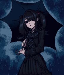 Rule 34 | 1girl, addams family, ame-chan (needy girl overdose), black bow, black bowtie, black dress, black eyes, black hair, black nails, black umbrella, bow, bowtie, brooch, cosplay, cowboy shot, cross-laced clothes, cross-laced dress, dress, eencya, expressionless, frilled dress, frills, goth fashion, gothic lolita, hair ornament, hair over one eye, hair tie, hairclip, holding, holding umbrella, jewelry, lolita fashion, long hair, long sleeves, looking at viewer, needy girl overdose, night, official art, pixel art, rain, second-party source, solo, twintails, umbrella, wednesday (netflix), wednesday addams, wednesday addams (cosplay), x hair ornament