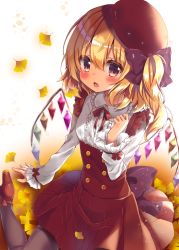 Rule 34 | 1girl, bad id, bad pixiv id, beret, black pantyhose, blonde hair, blush, bow, breasts, center frills, commentary request, crystal, fang, flandre scarlet, frills, ginkgo leaf, hair between eyes, hair bow, hat, high-waist skirt, high heels, highres, honoka chiffon, leaf, long hair, long sleeves, one side up, open mouth, pantyhose, pleated skirt, purple bow, red bow, red eyes, red footwear, red hat, red skirt, shirt, shoes, sitting, skirt, small breasts, solo, tilted headwear, touhou, wariza, white shirt, wings