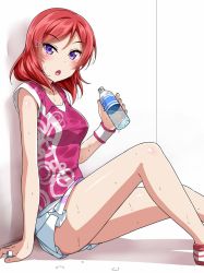 Rule 34 | 1girl, :o, blush, bottle, bottle cap, collared shirt, commentary request, hair ornament, hairpin, holding, holding bottle, looking at viewer, love live!, love live! school idol festival, love live! school idol project, miniskirt, nishikino maki, purple eyes, red hair, shirt, short sleeves, sitting, skirt, solo, sweat, tsurime, water bottle, wristband, yopparai oni